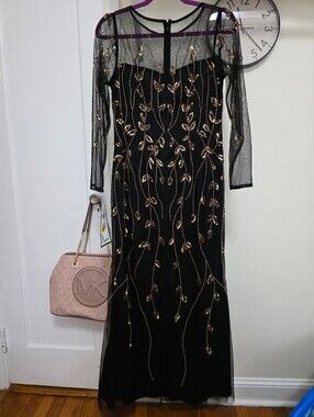 Macy's Black Mesh Long-Sleeve Gown with Gold Sequin Vine Embroidery